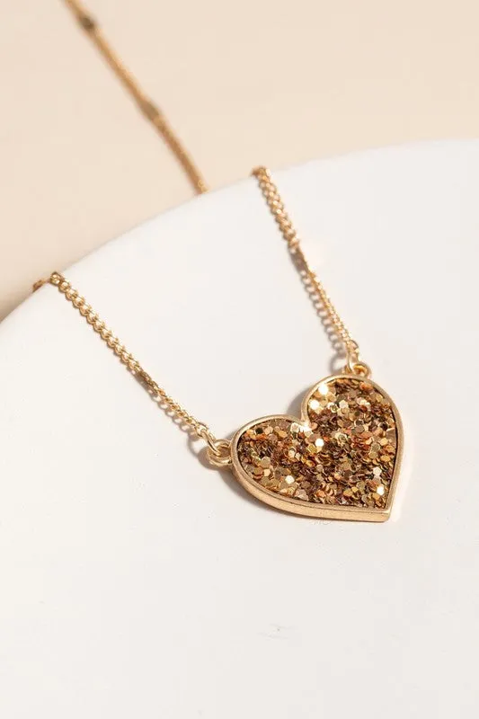 16" Gold with Glitter Heart Charm Necklace