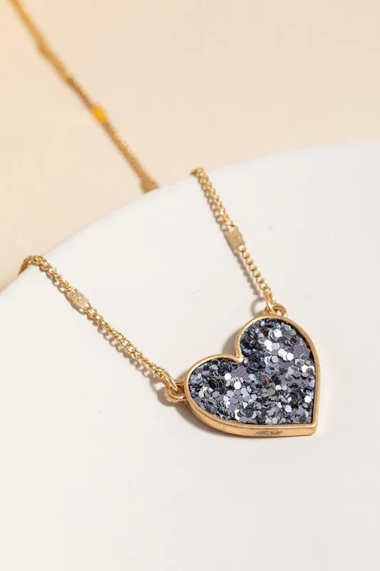 16" Gold with Glitter Heart Charm Necklace