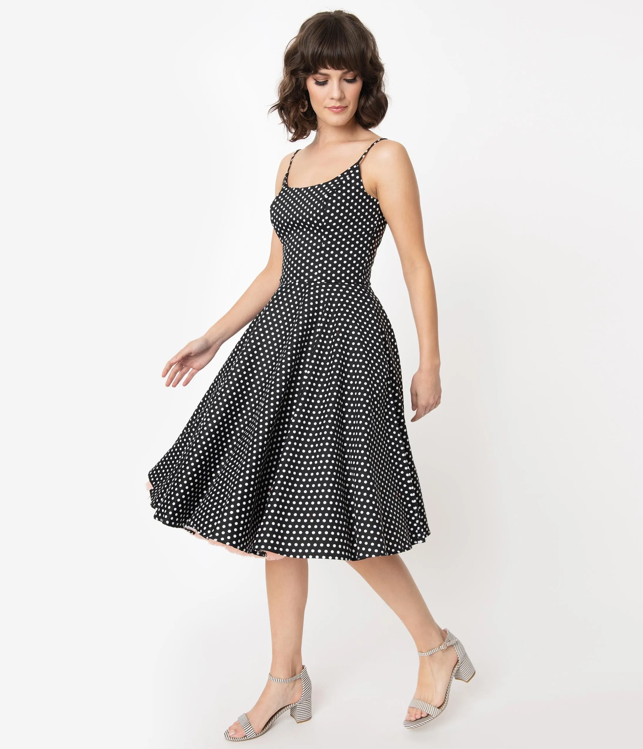 1950s Black & White Polka Dot Sleeveless Peggy Swing Dress