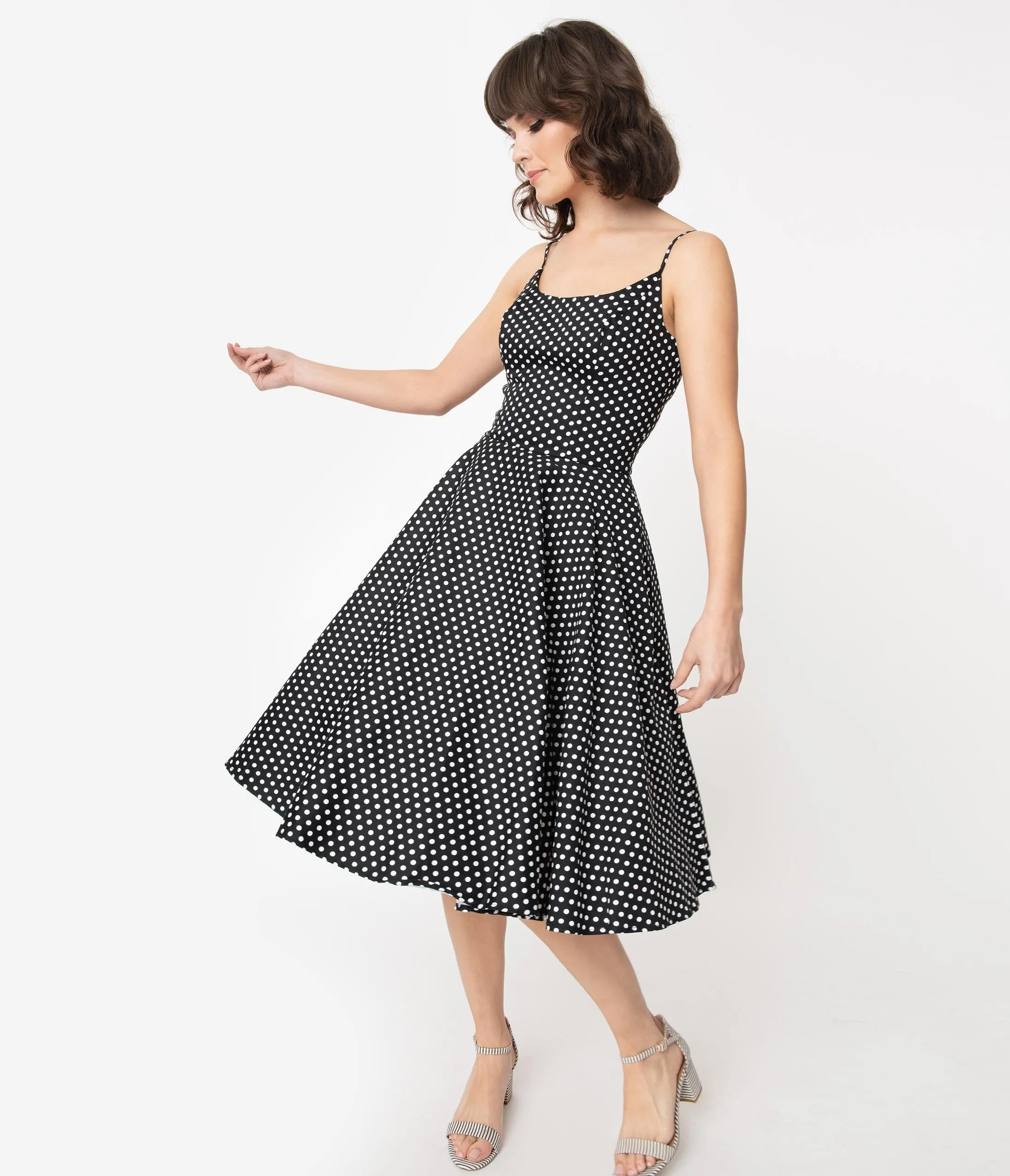 1950s Black & White Polka Dot Sleeveless Peggy Swing Dress