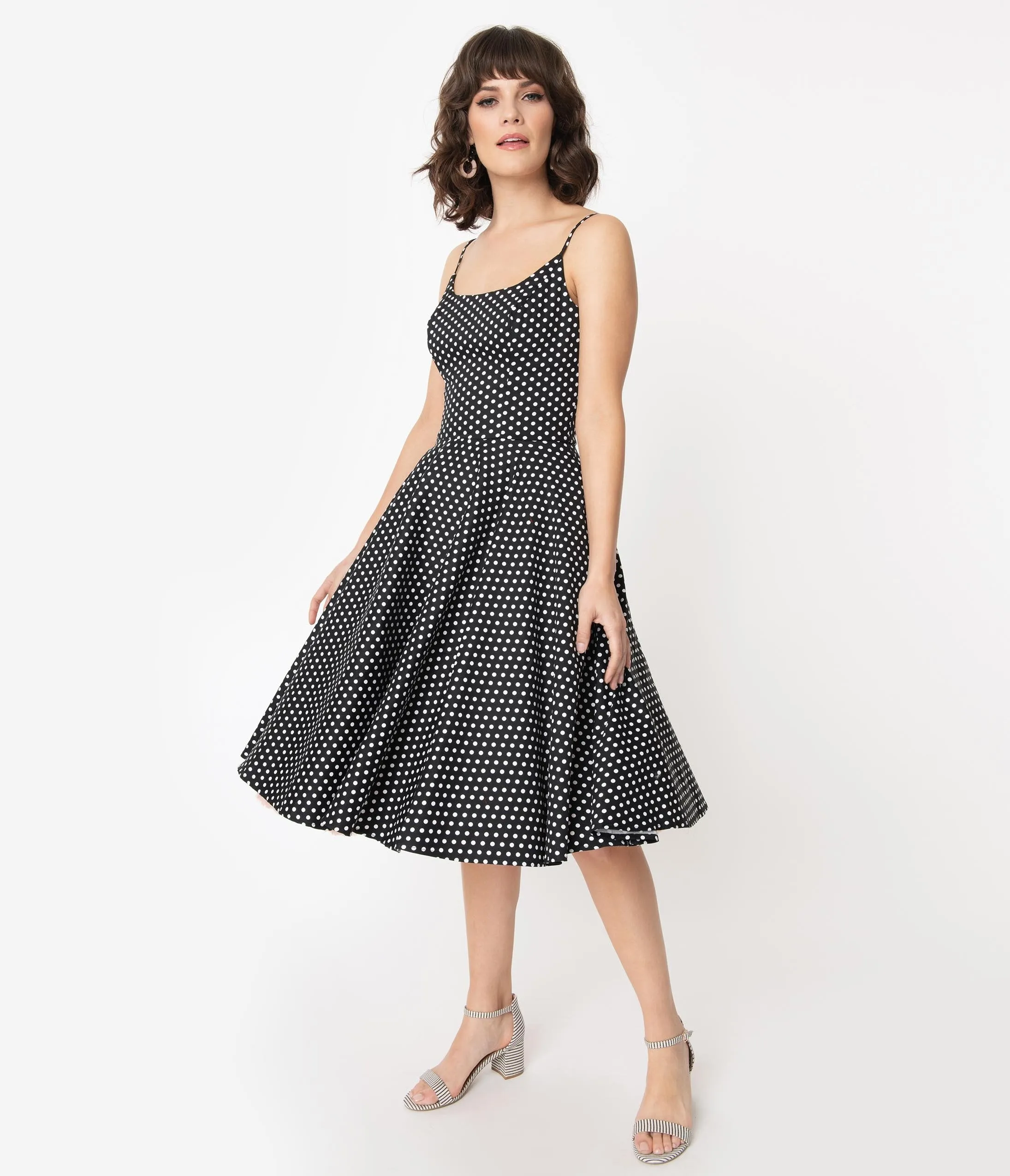 1950s Black & White Polka Dot Sleeveless Peggy Swing Dress