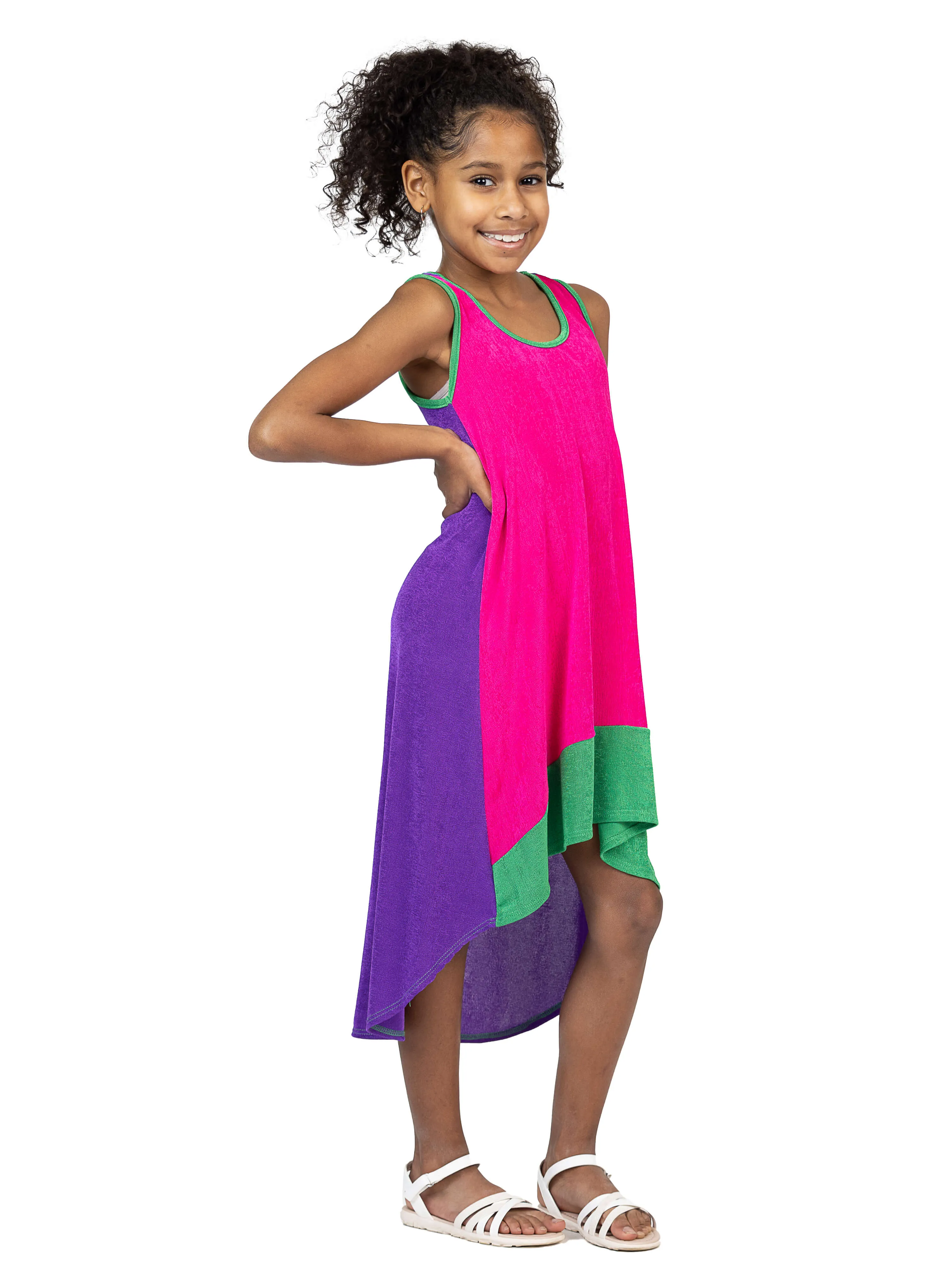 24sevenkid Girls Sleeveless Colorblock HighLow Knee Length Dress