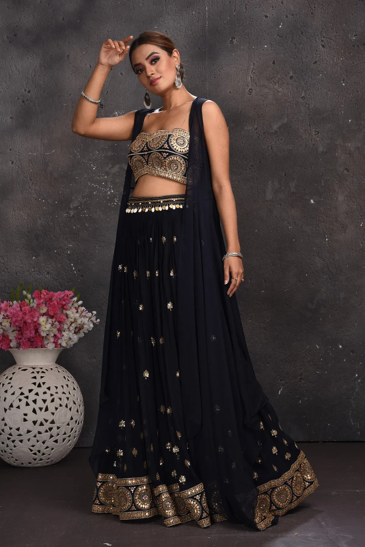 300673 Navy Blue Embroidered Palazzo Crop Top with Longline Shrug