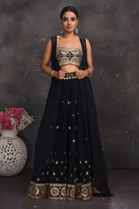 300673 Navy Blue Embroidered Palazzo Crop Top with Longline Shrug
