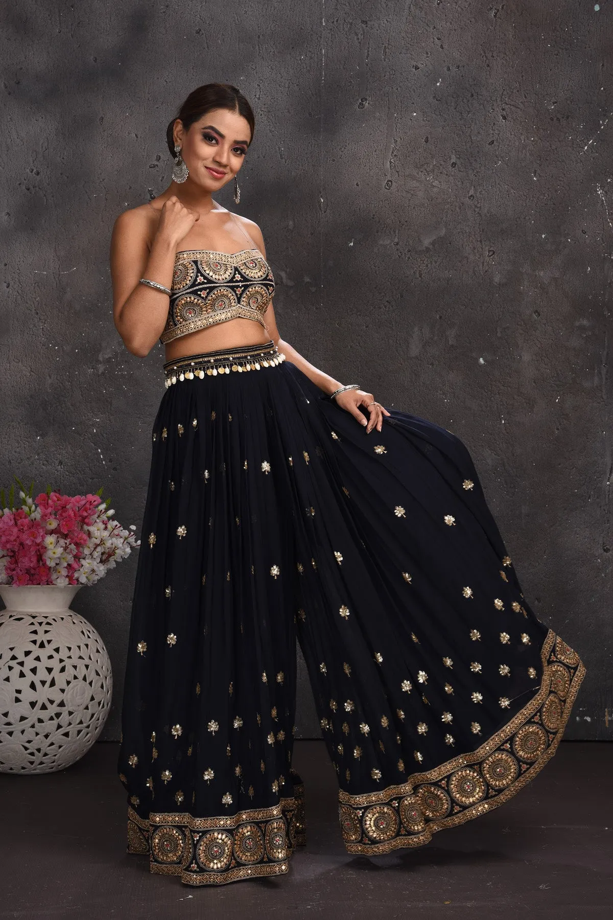 300673 Navy Blue Embroidered Palazzo Crop Top with Longline Shrug
