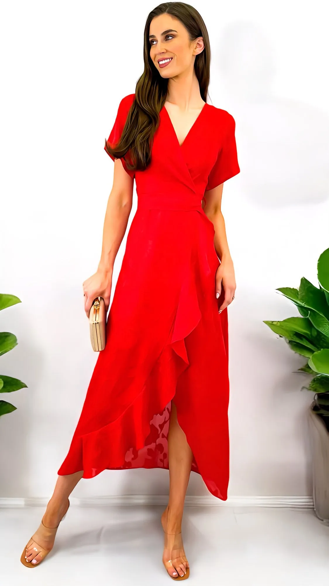 4-A1786 Farren Red Wrap Look Dress