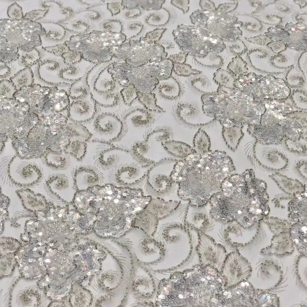 5 YARDS / 2 COLORS / Cécile Beaded Embroidery Glitter Mesh Lace  Party Prom Bridal Dress Fabric