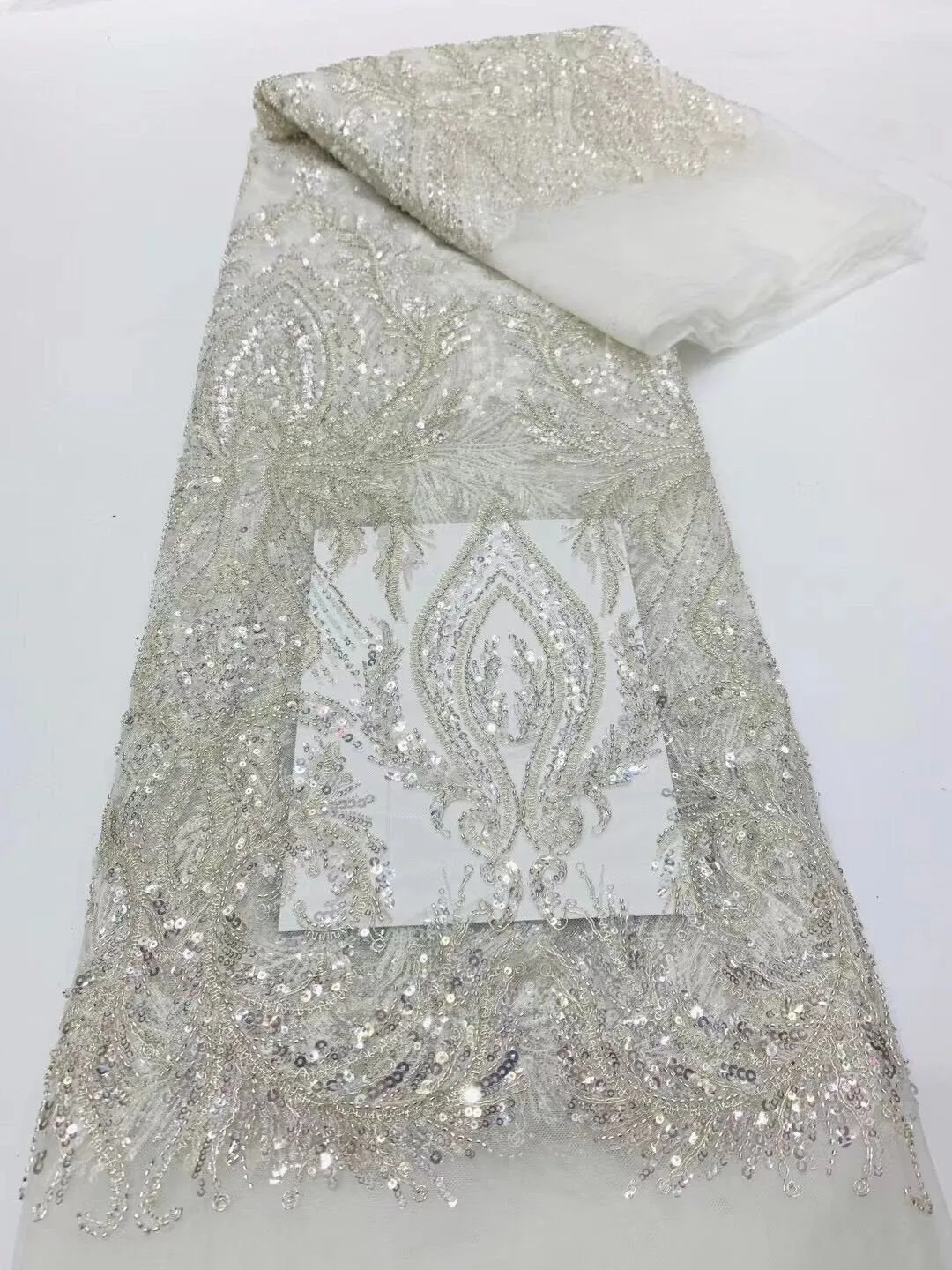 5 YARDS / 2 COLORS / Romena Royal Floral Beaded Embroidery Glitter Mesh Lace  Party Prom Bridal Dress Fabric