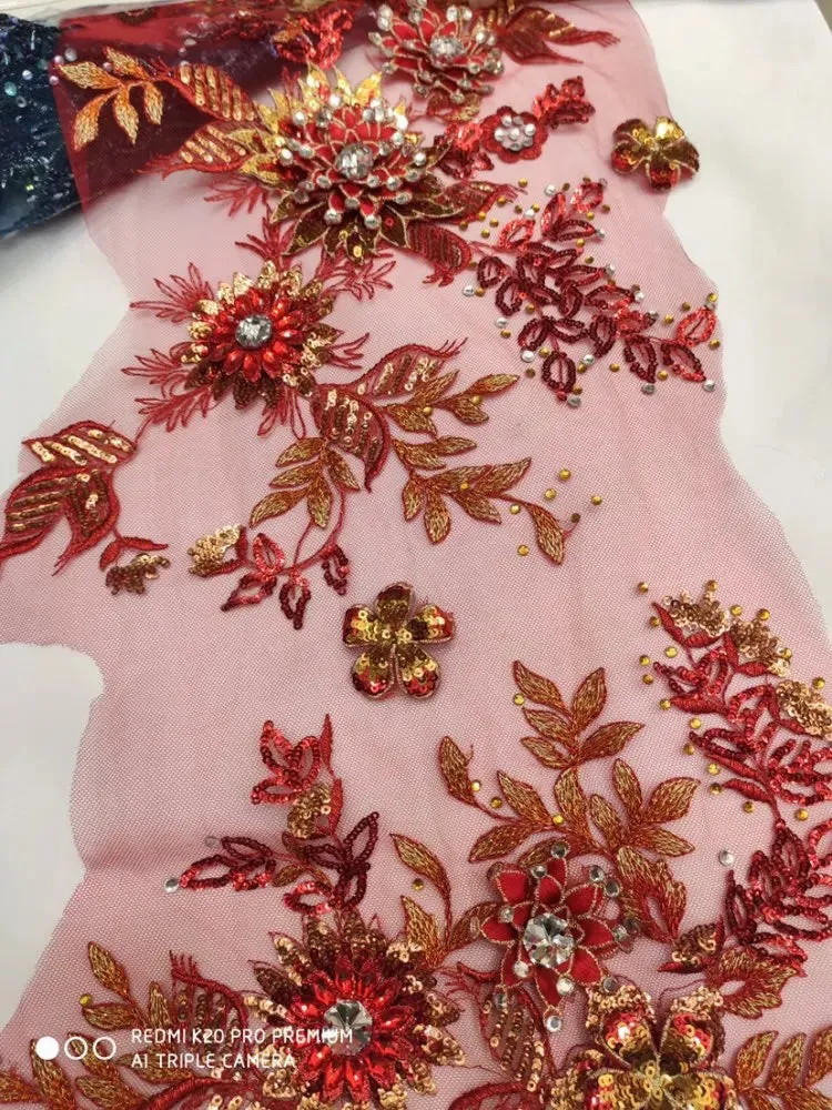 5 YARDS / 2 COLORS / Rosalia Large Floral Sequin Beaded Embroidery Tulle Mesh Lace Dress Fabric