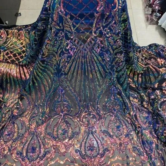 5 YARDS / 2 COLORS / Tiris Regal Iridescent Burnout Velvet Embroidery Tulle Mesh Lace Party Prom Bridal Dress Fabric