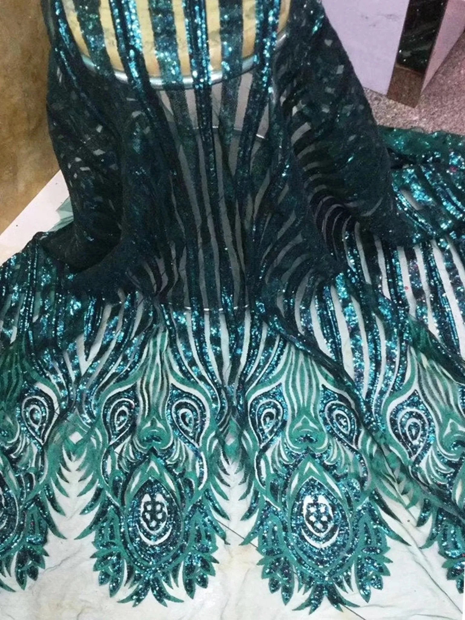 5 YARDS / 4 COLORS / Eloise Green Black Blue White Mermaid Glitter Sequin Embroidery Lace / Party Prom Bridal Dress Fabric