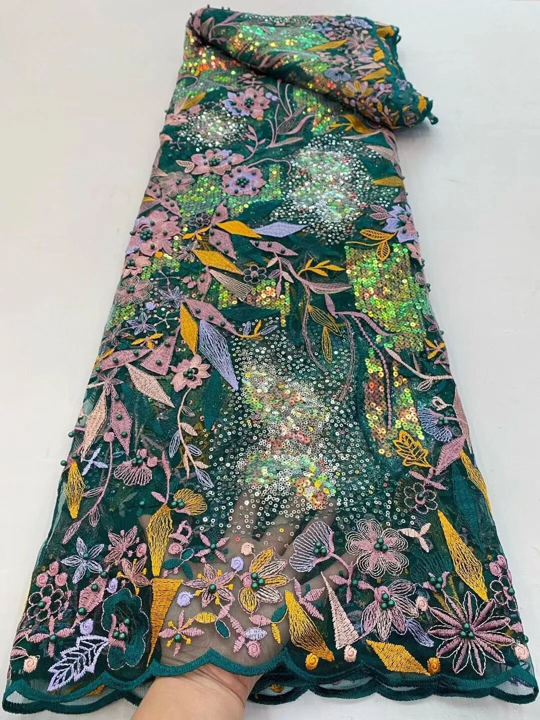 5 YARDS / 5 COLORS / Mahina All Over Sequin Embroidery Tulle Mesh Lace Party Prom Bridal Dress Fabric