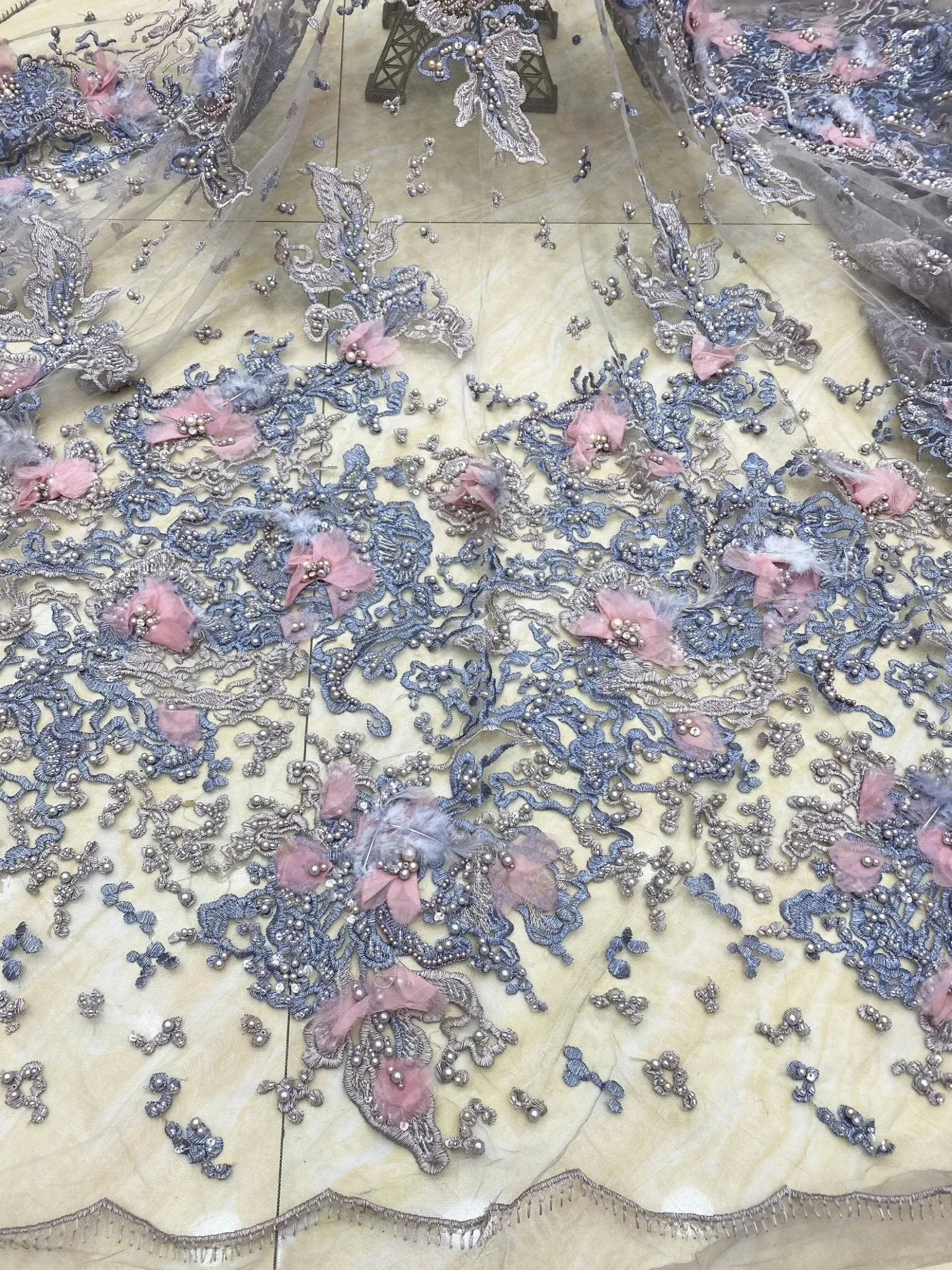 5 YARDS / 5 COLORS / Malek Floral Heavy Beads Glitter Embroidery Mesh Lace Party Prom Bridal Dress Fabric
