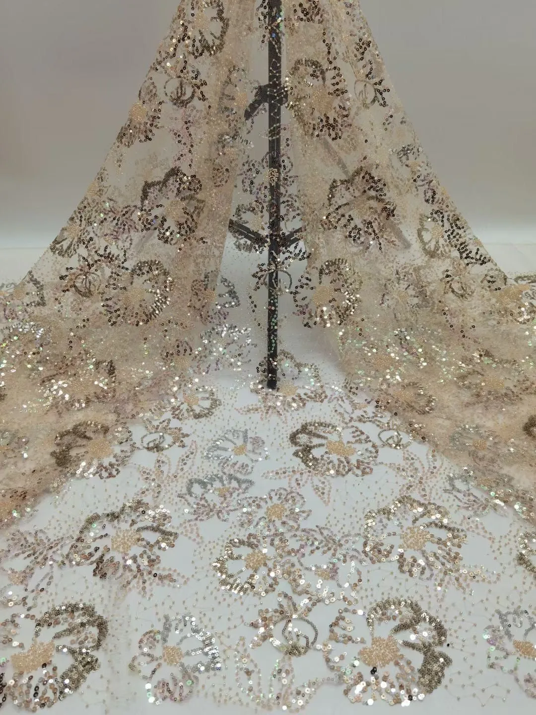 5 YARDS / 6 COLORS / Camilia Floral Glitter Sequin Beaded Embroidery Tulle Mesh Lace Party Prom Bridal Dress Fabric