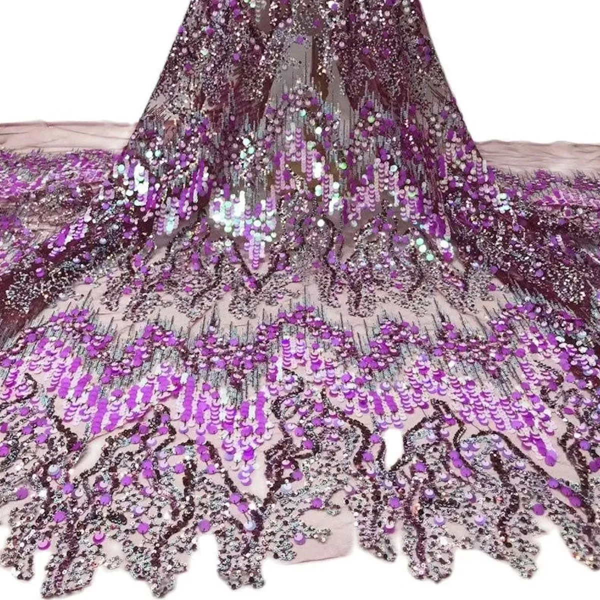 5 YARDS / 6 COLORS / Cosette Wave Design Sequin Beaded Glitter Embroidery Mesh Lace / Party Prom Bridal Dress Fabric