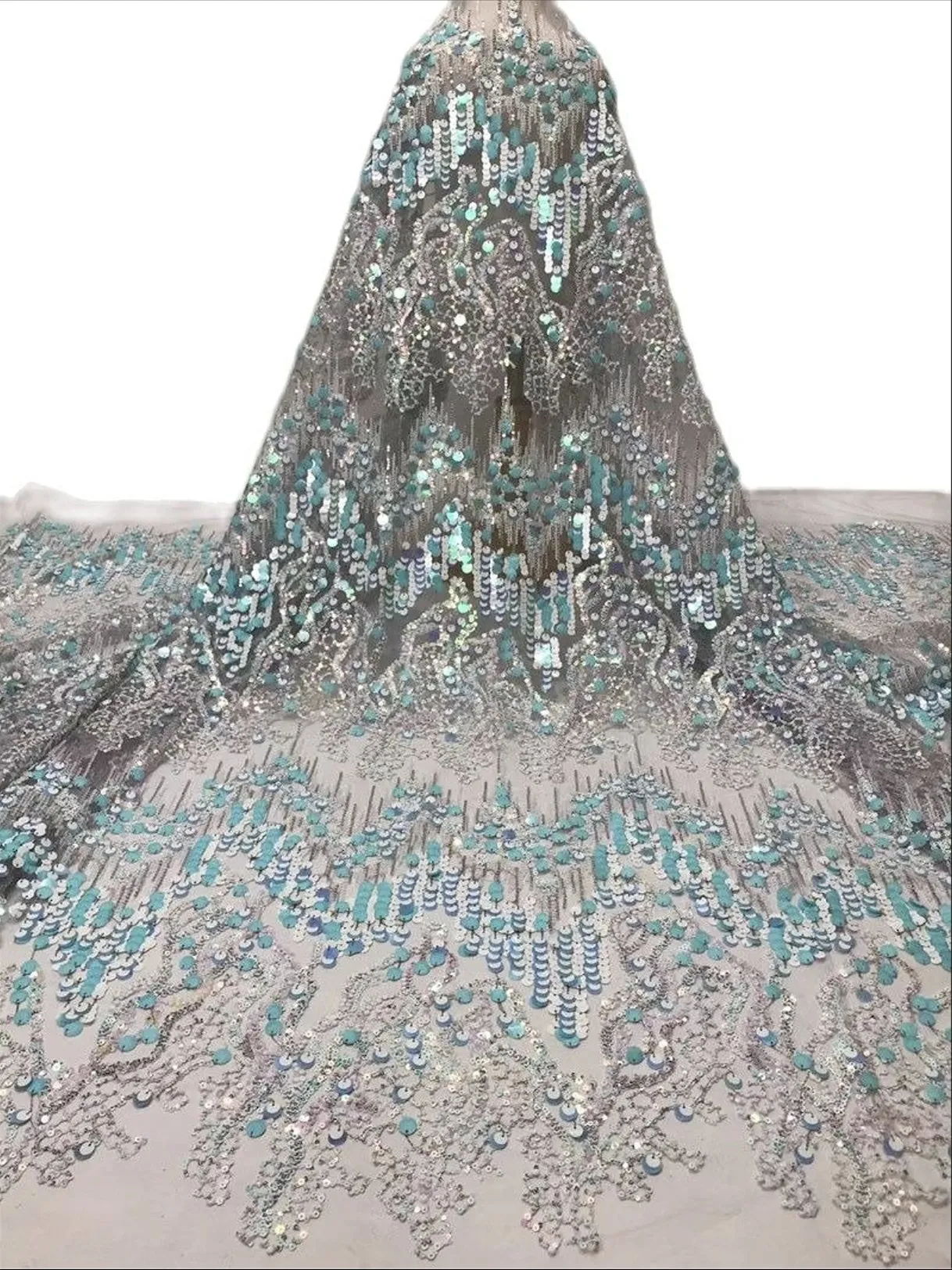 5 YARDS / 6 COLORS / Cosette Wave Design Sequin Beaded Glitter Embroidery Mesh Lace / Party Prom Bridal Dress Fabric