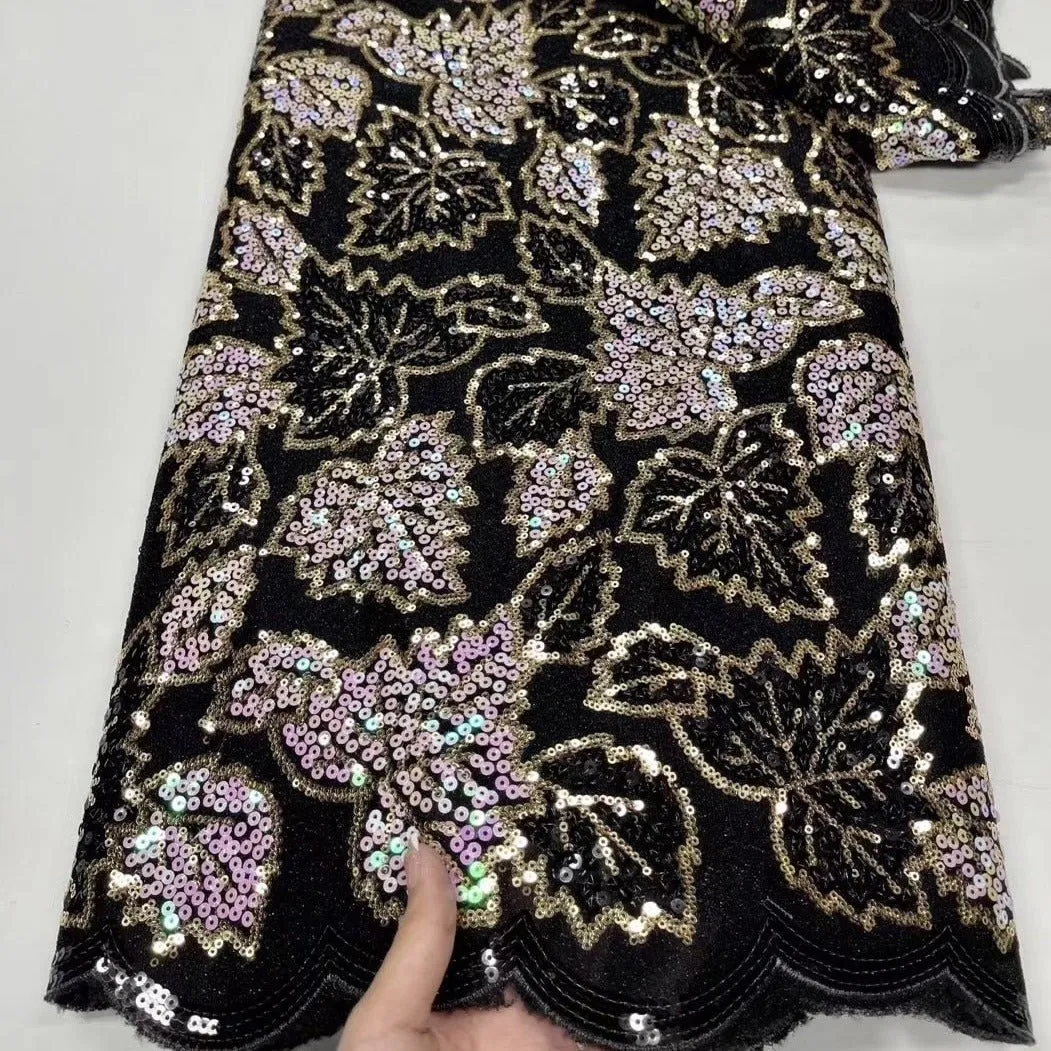 5 YARDS / 7 COLORS / Siham Velvet Gold Outlined Floral Glitter Sequin Beaded Embroidery Tulle Mesh Lace Party Prom Bridal Dress Fabric