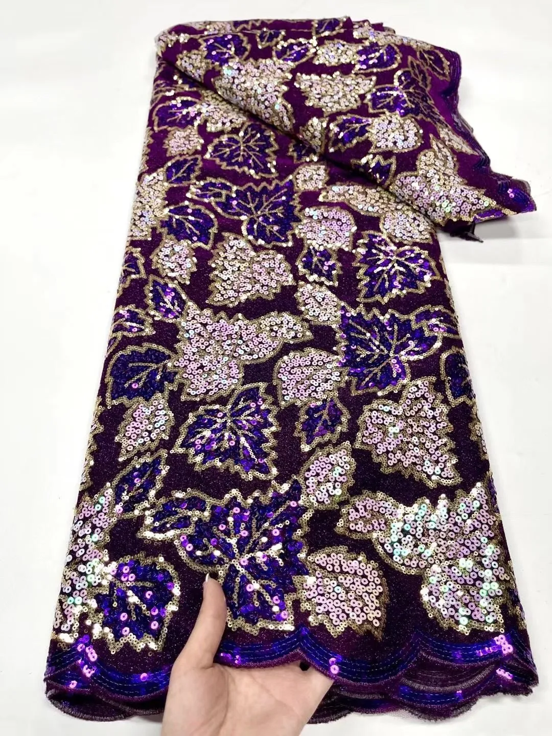 5 YARDS / 7 COLORS / Siham Velvet Gold Outlined Floral Glitter Sequin Beaded Embroidery Tulle Mesh Lace Party Prom Bridal Dress Fabric