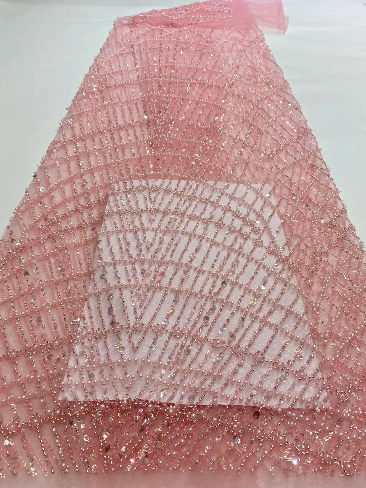 5 YARDS / 7 COLORS / Yuliman Geometric Sequin Beaded Embroidery Tulle Mesh Lace Dress Fabric