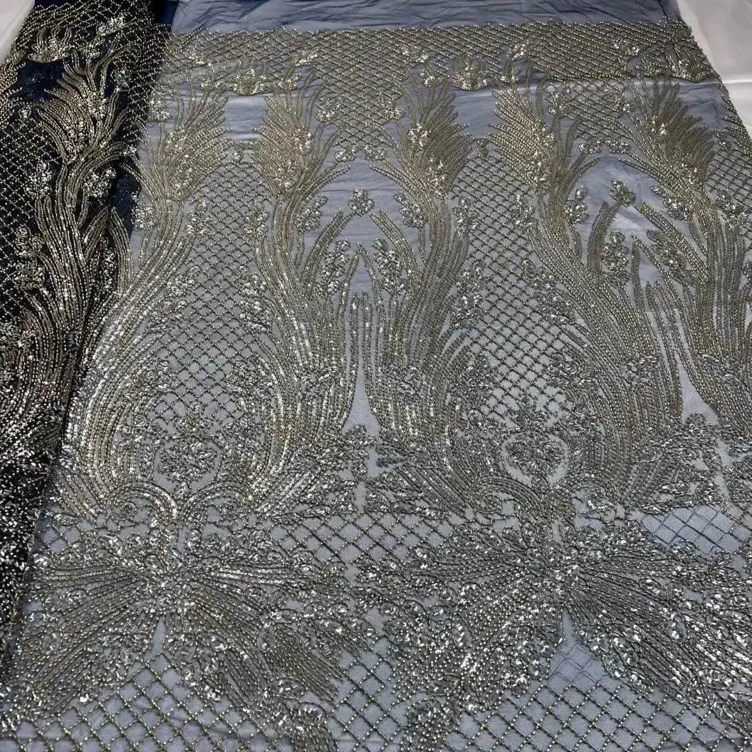 5 YARDS / 8 COLORS / Luxurious Oblise Sequin Beaded Embroidery Tulle Mesh Lace Dress Fabric