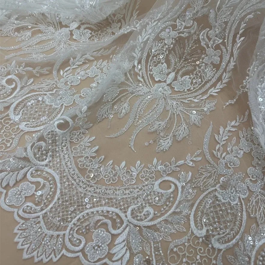5 YARDS / Athensia Beautiful Regal Sequin Beaded Embroidery Tulle Mesh Lace Dress Fabric
