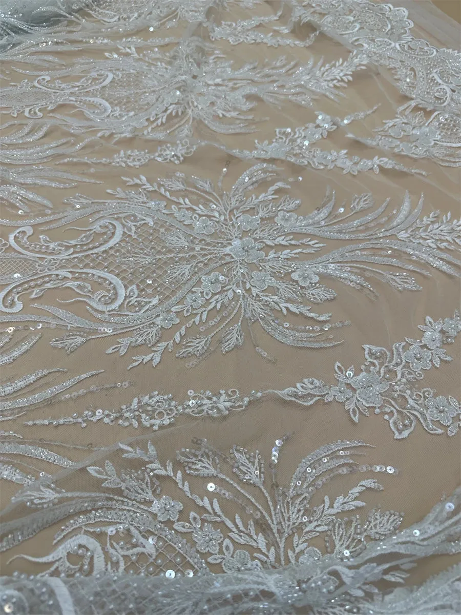 5 YARDS / Athensia Beautiful Regal Sequin Beaded Embroidery Tulle Mesh Lace Dress Fabric