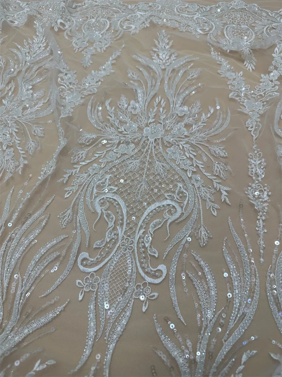 5 YARDS / Athensia Beautiful Regal Sequin Beaded Embroidery Tulle Mesh Lace Dress Fabric