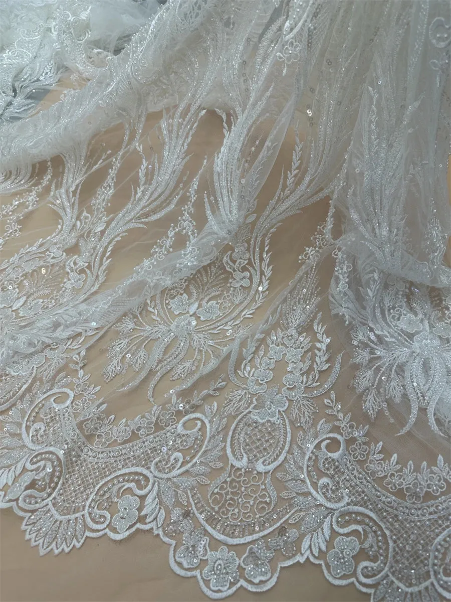 5 YARDS / Athensia Beautiful Regal Sequin Beaded Embroidery Tulle Mesh Lace Dress Fabric