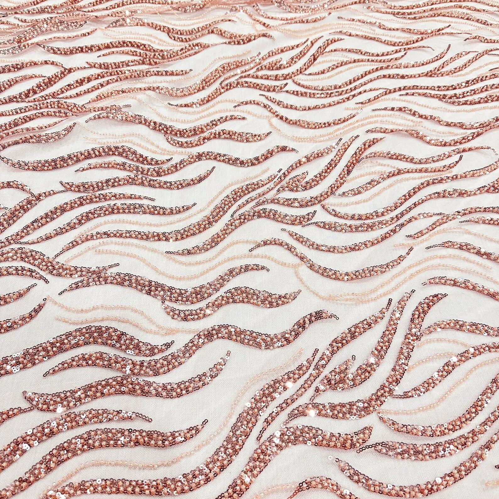 5 YARDS / Pink Gold Aseo Sequin Abstract Lines Beaded Embroidery Tulle Mesh Lace Fabric