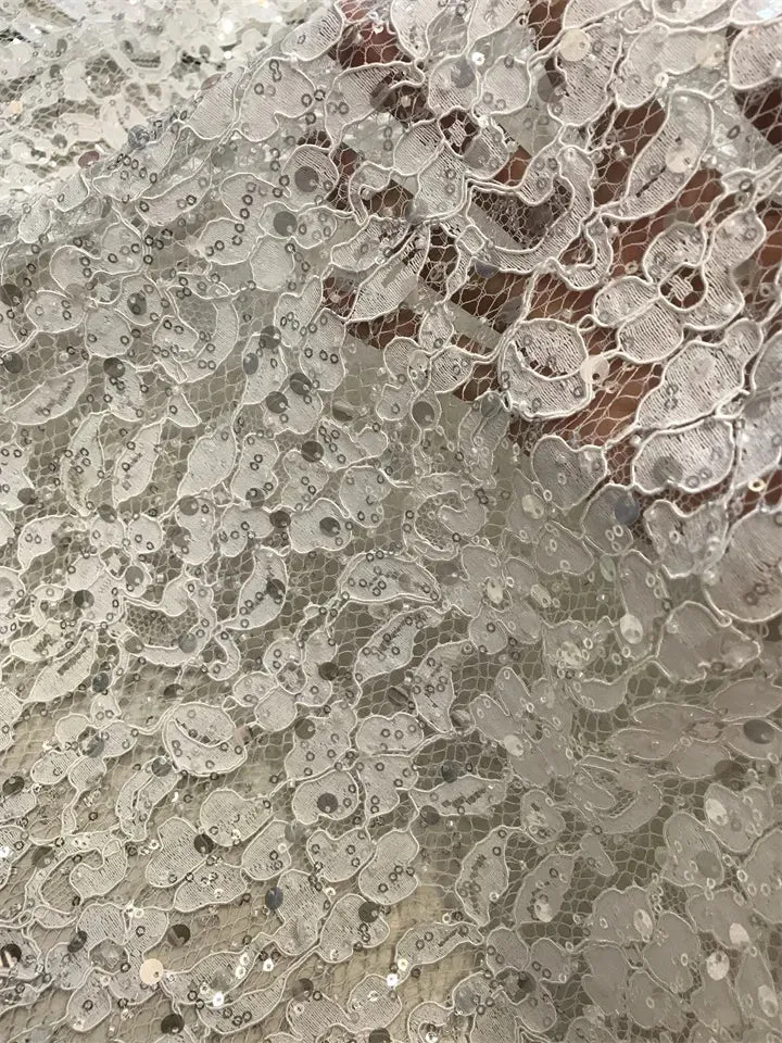 5 YARDS / Siemas Floral Sequin Beaded Embroidery Tulle Mesh Lace Dress Fabric