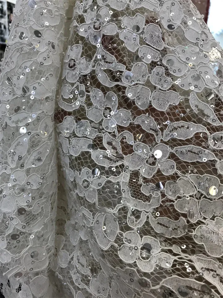 5 YARDS / Siemas Floral Sequin Beaded Embroidery Tulle Mesh Lace Dress Fabric