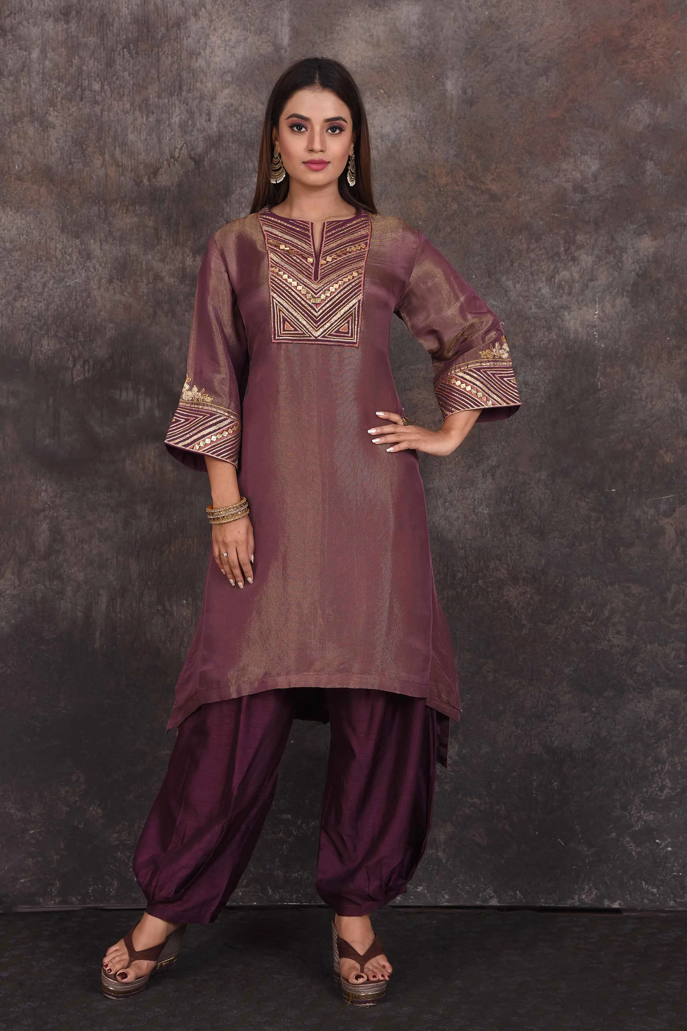 503346 Golden Purple Embroidered Salwar Suit