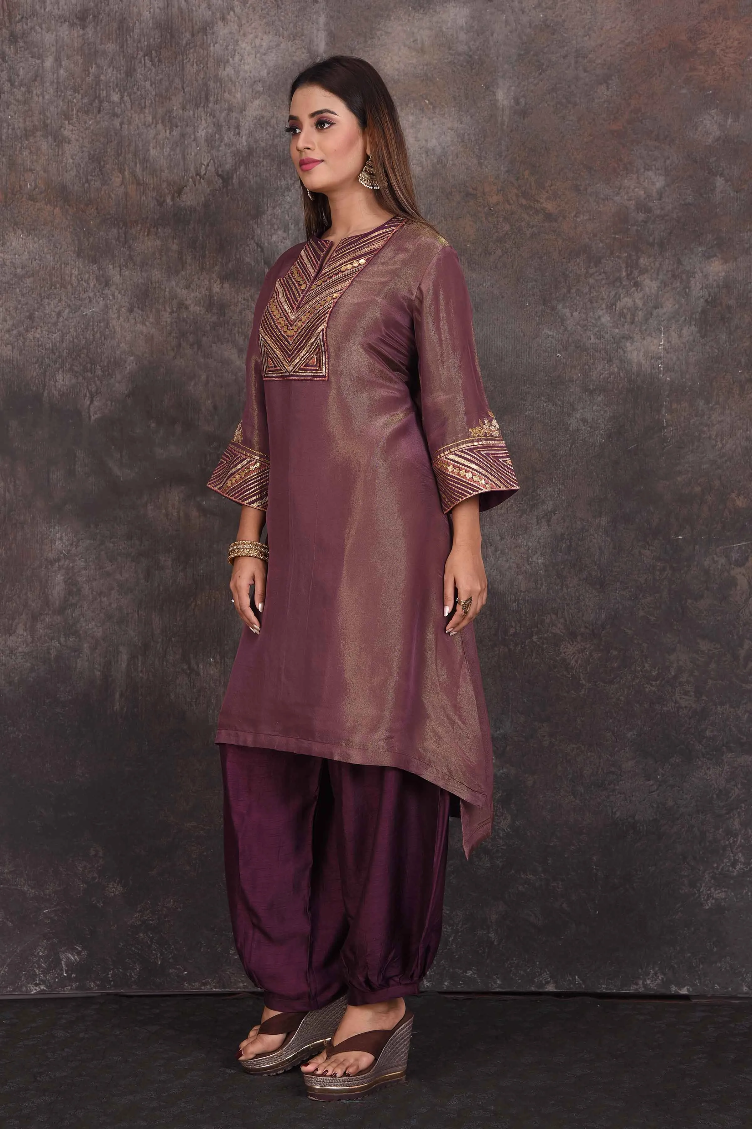 503346 Golden Purple Embroidered Salwar Suit