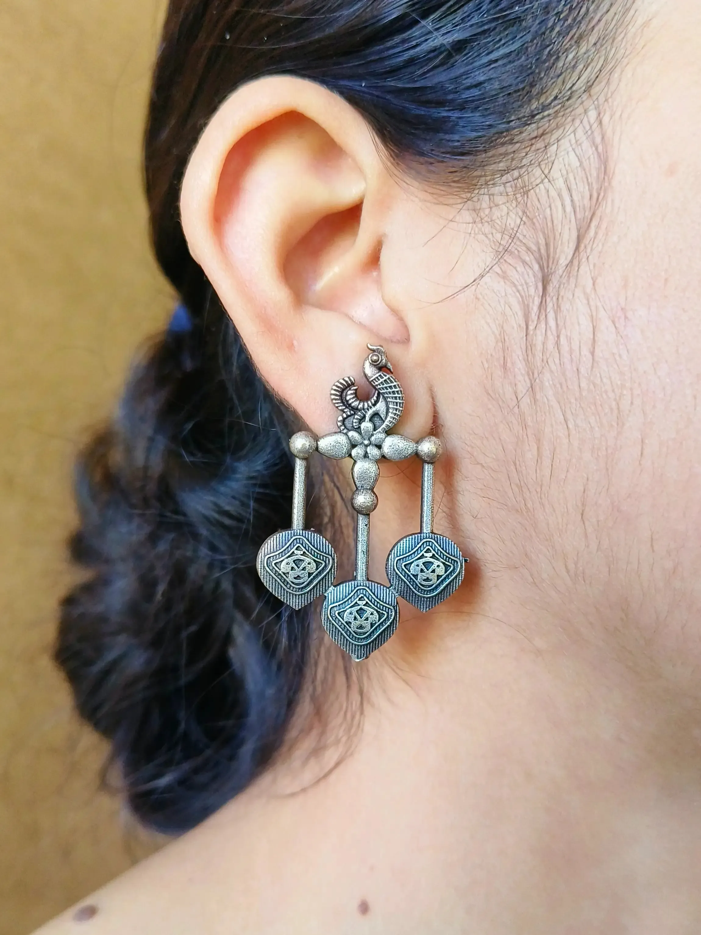 925 Silver Plated Antique Peacock Statement Earrings with Timeless Appeal | Sarichka