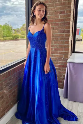 A Line V Neck Satin Long Prom Dresses with Beading