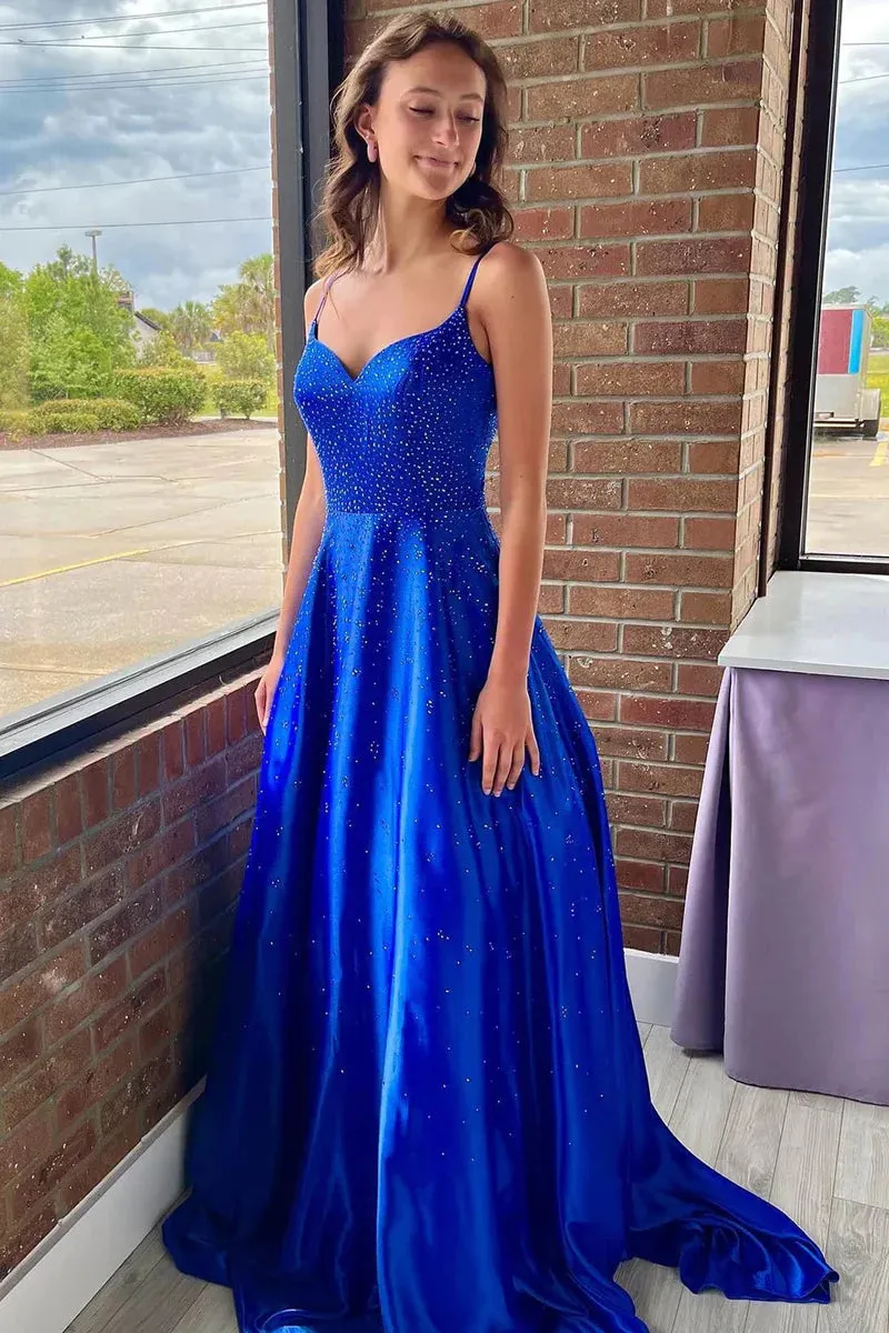 A Line V Neck Satin Long Prom Dresses with Beading