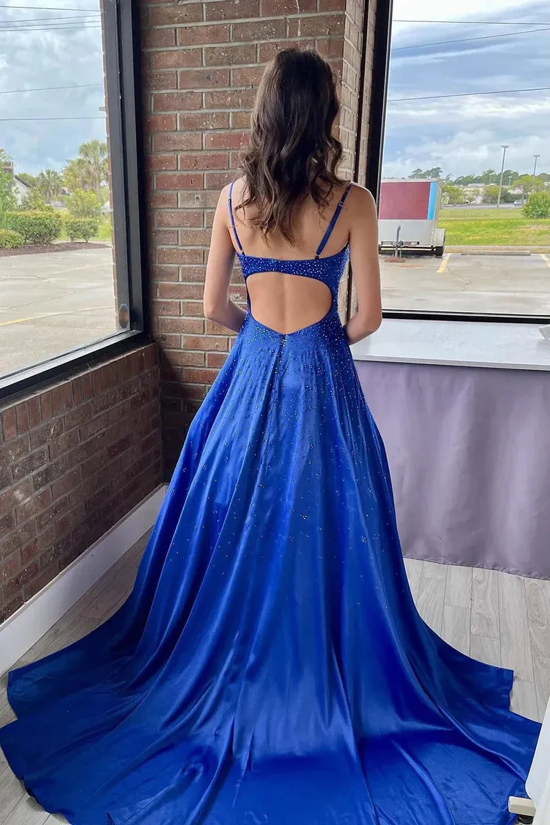 A Line V Neck Satin Long Prom Dresses with Beading