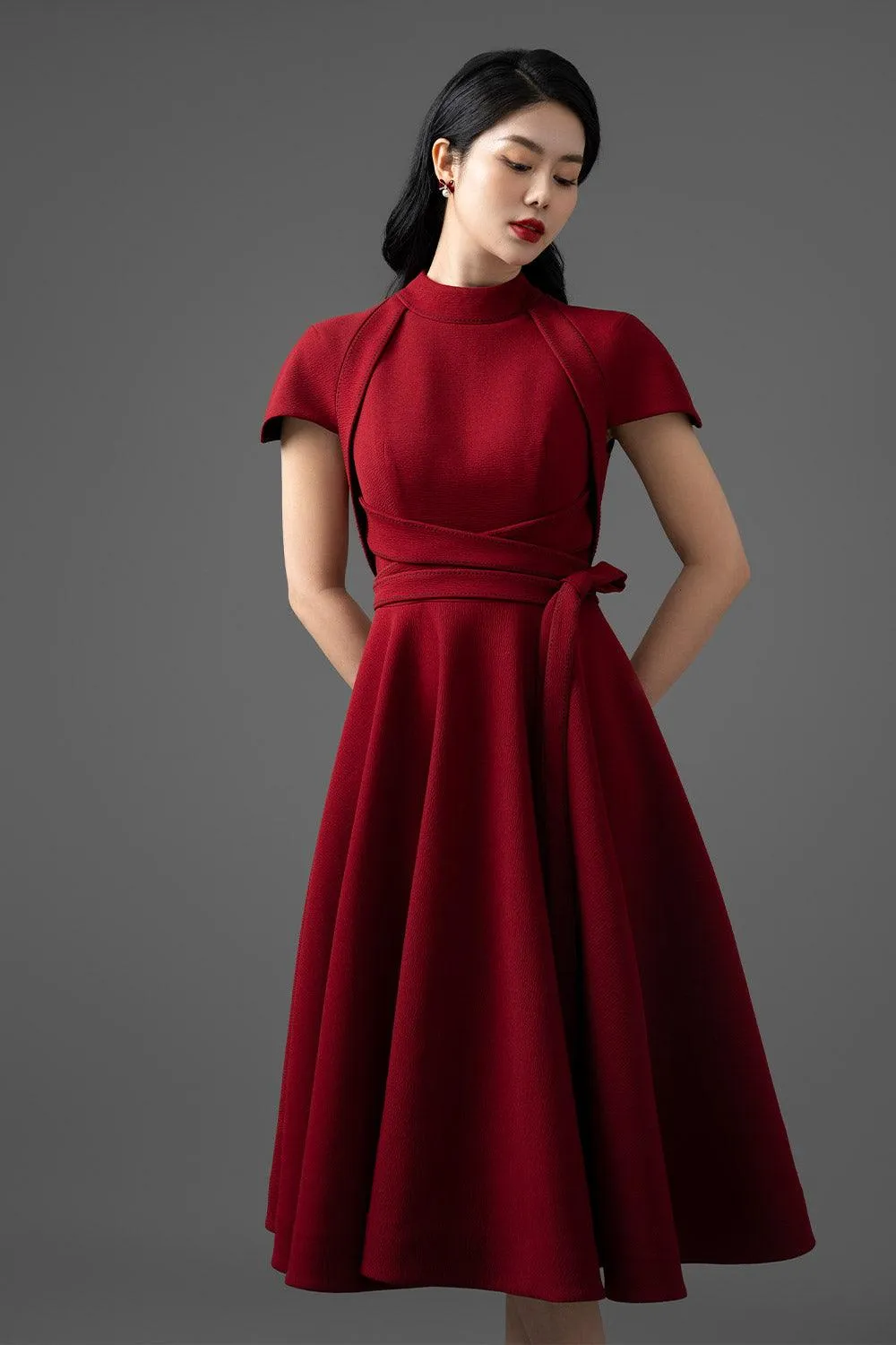 Alma Fit and Flare Draped Woven Cotton Midi Dress