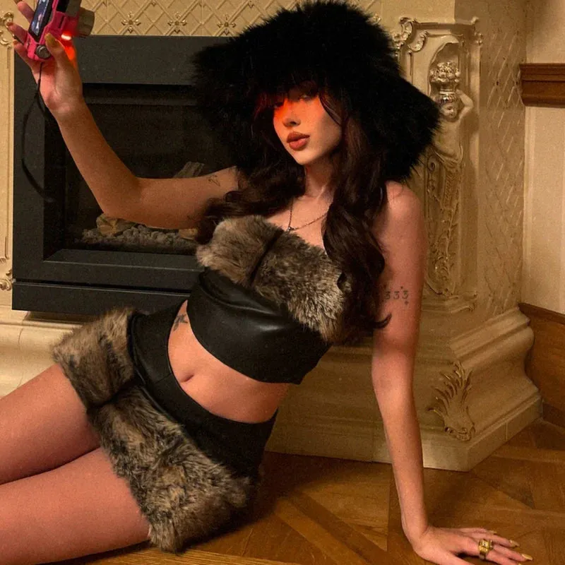 Amozae-Christmas Outfits New Year's Eve Dress Night Out Club Dresses cute winter outfits Allisson Furry Leather Tube Set