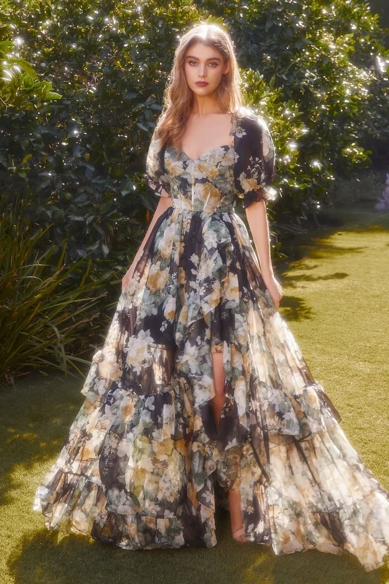 Andrea & Leo A1336 Floral Printed Ruffle Gown