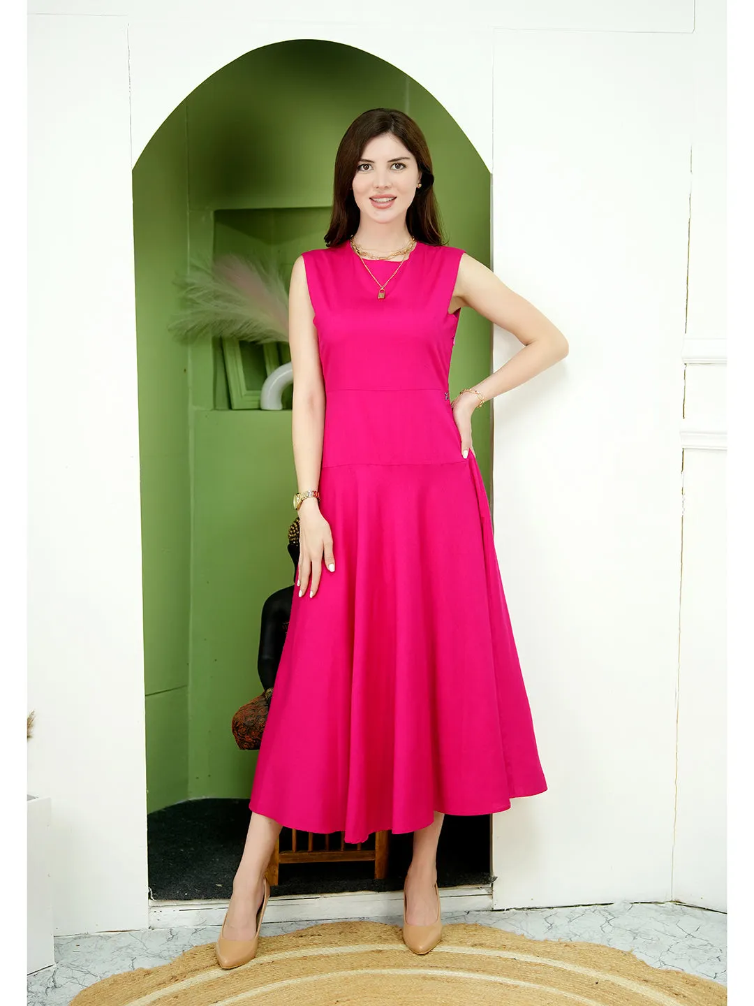 Barbie Pink Rayon Effulgent Maxi Flared Dress