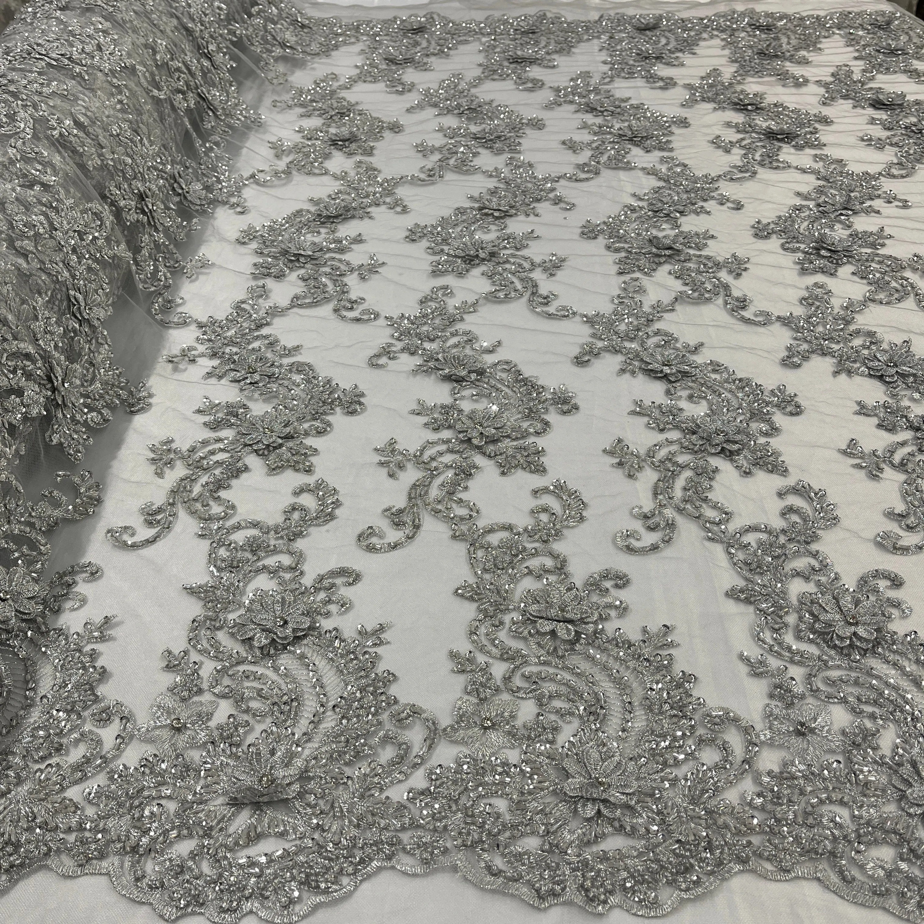 Beaded 3D Floral Lace Fabric Embroidered on 100% Polyester Net Mesh | Lace USA - GD-2302