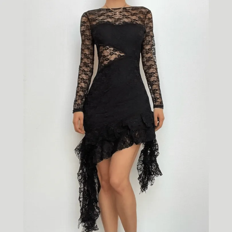 BerriesJam - Lace Backless Ruffle Long Sleeve Irregular Mini Dress