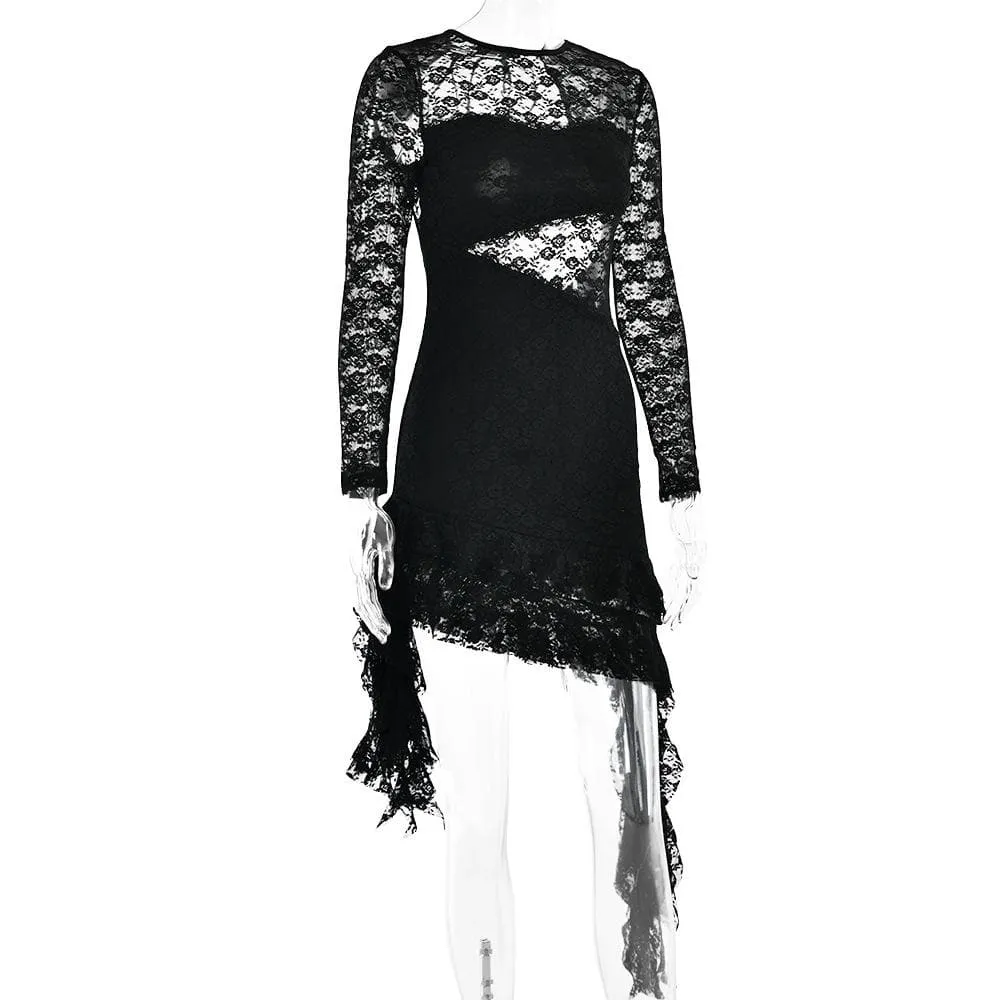 BerriesJam - Lace Backless Ruffle Long Sleeve Irregular Mini Dress