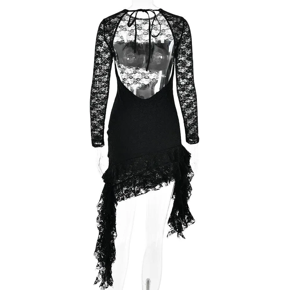 BerriesJam - Lace Backless Ruffle Long Sleeve Irregular Mini Dress