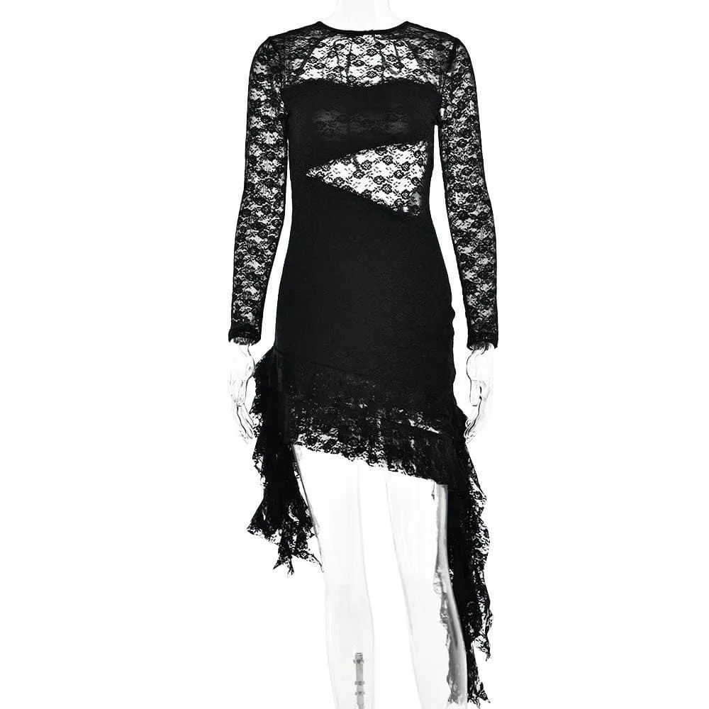 BerriesJam - Lace Backless Ruffle Long Sleeve Irregular Mini Dress