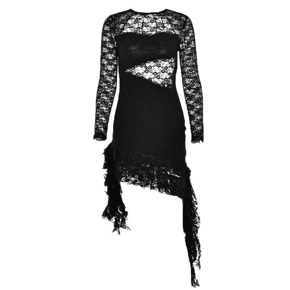 BerriesJam - Lace Backless Ruffle Long Sleeve Irregular Mini Dress