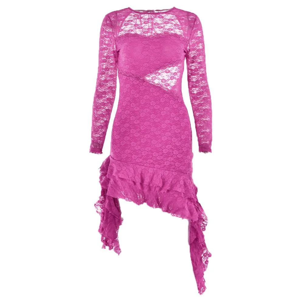 BerriesJam - Lace Backless Ruffle Long Sleeve Irregular Mini Dress