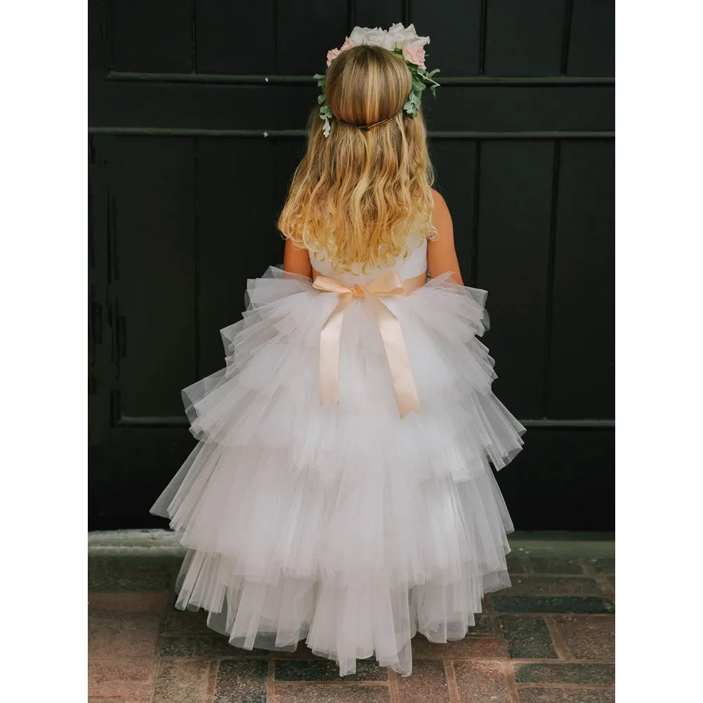 Big Girls White Hi-Low Multi Level Ruffle Tutu Junior Bridesmaid Dress 8-16