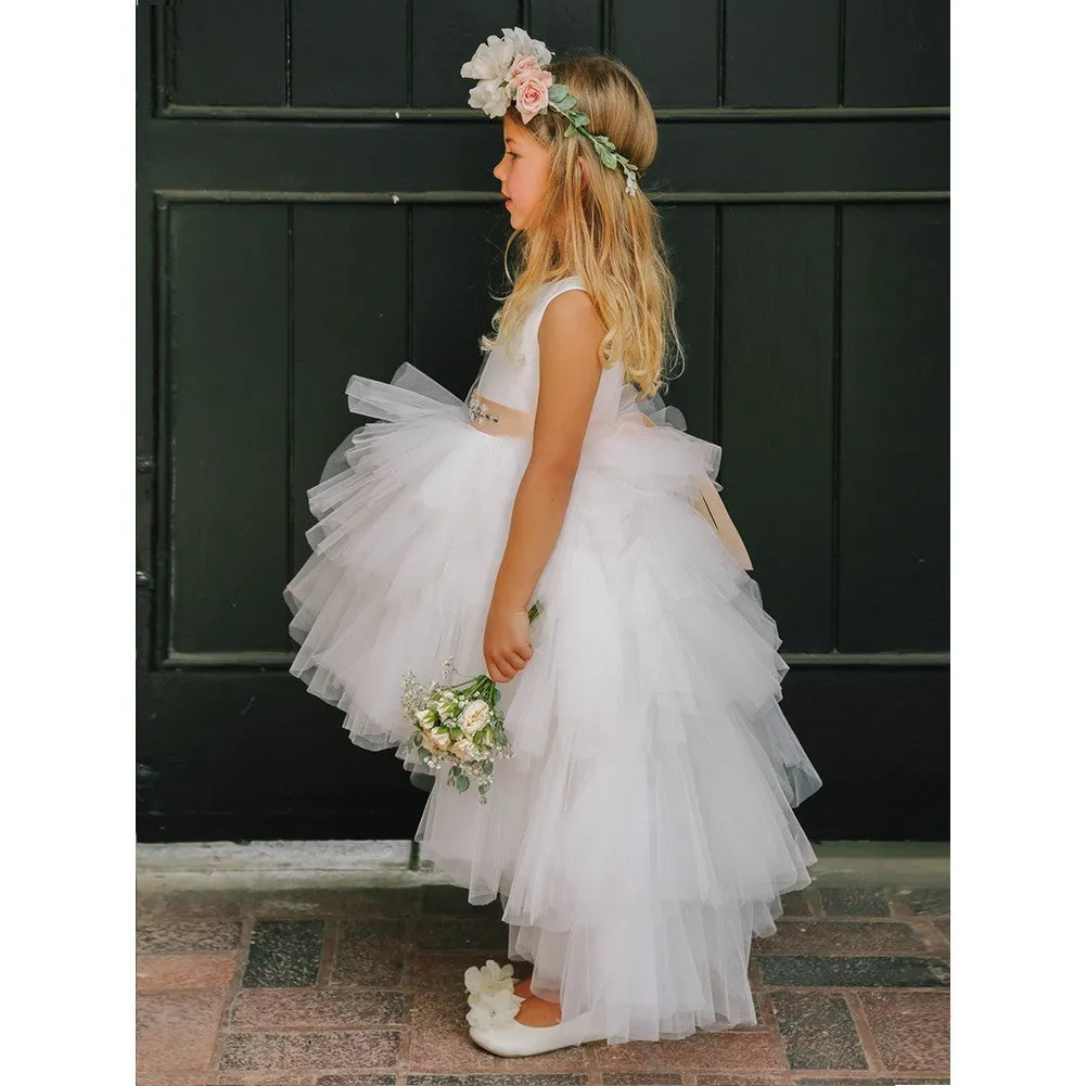 Big Girls White Hi-Low Multi Level Ruffle Tutu Junior Bridesmaid Dress 8-16